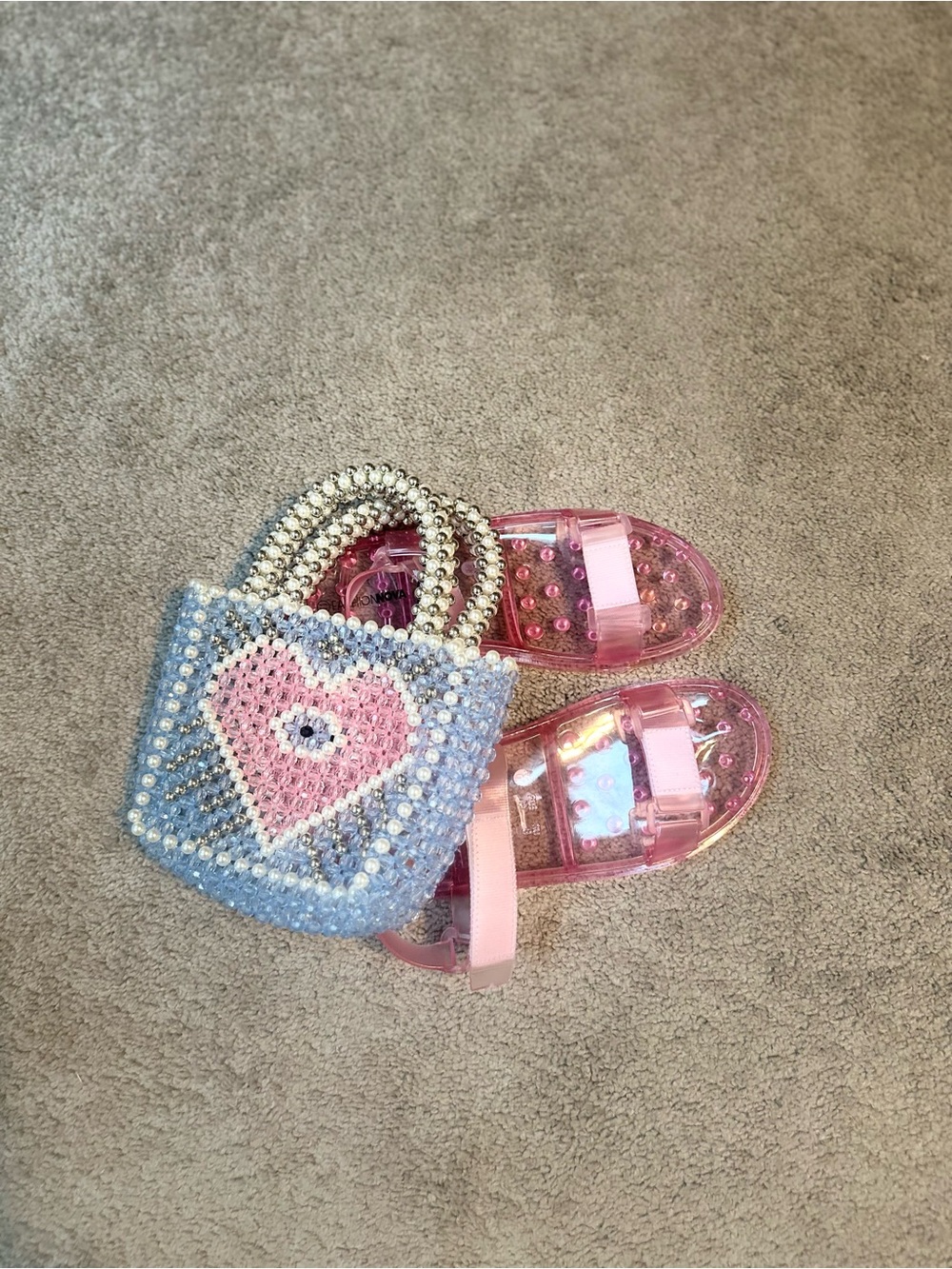 Beaded Heart Tote Bag and FN Pink Jelly Sandals Set